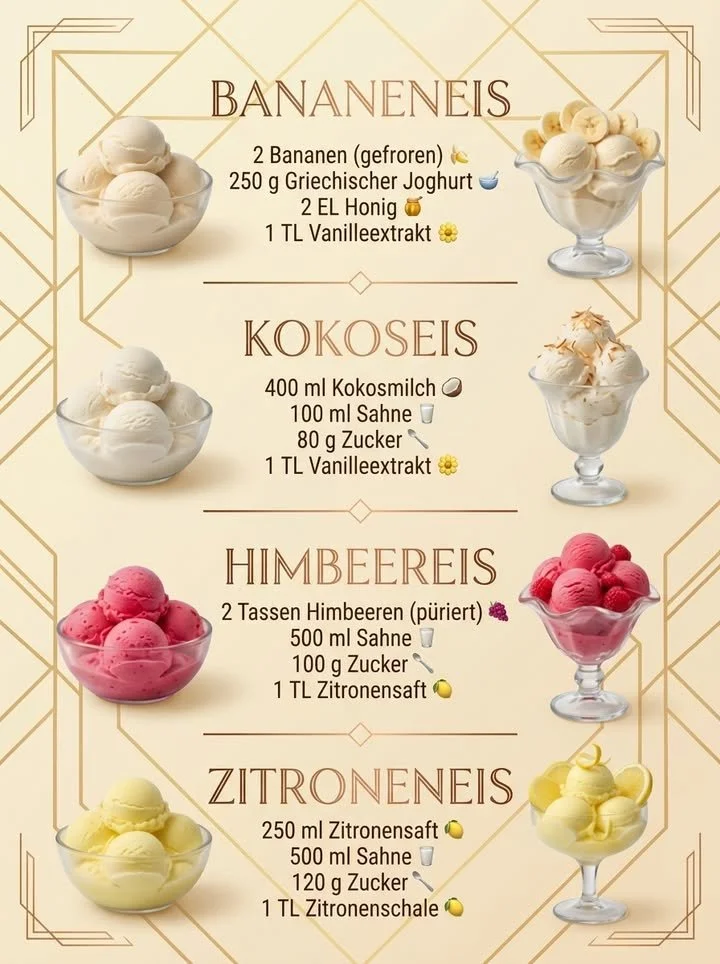 Verschiedene leckere Eiscreme-Variationen, die man selbst zubereiten kann.