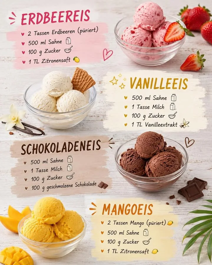 Zwei Schalen mit verschiedenen selbstgemachten Eisrezepten für zu Hause.