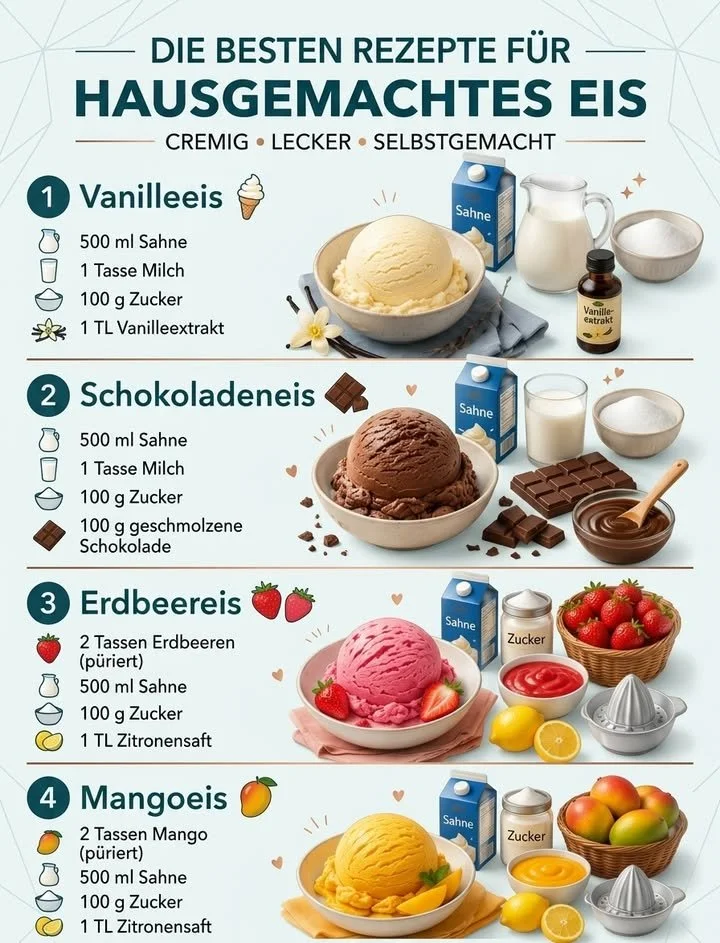 Verschiedene Eisrezepte für den Sommer mit frischen Zutaten