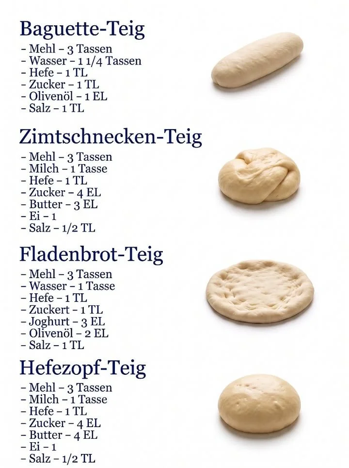 Hausgemachte Teige für Baguette, Zimtschnecken, Fladenbrot und Hefezopf.