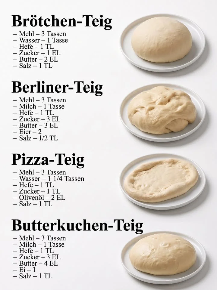 Verschiedene Teige für Brötchen und Butterkuchen als einfache Grundrezepte