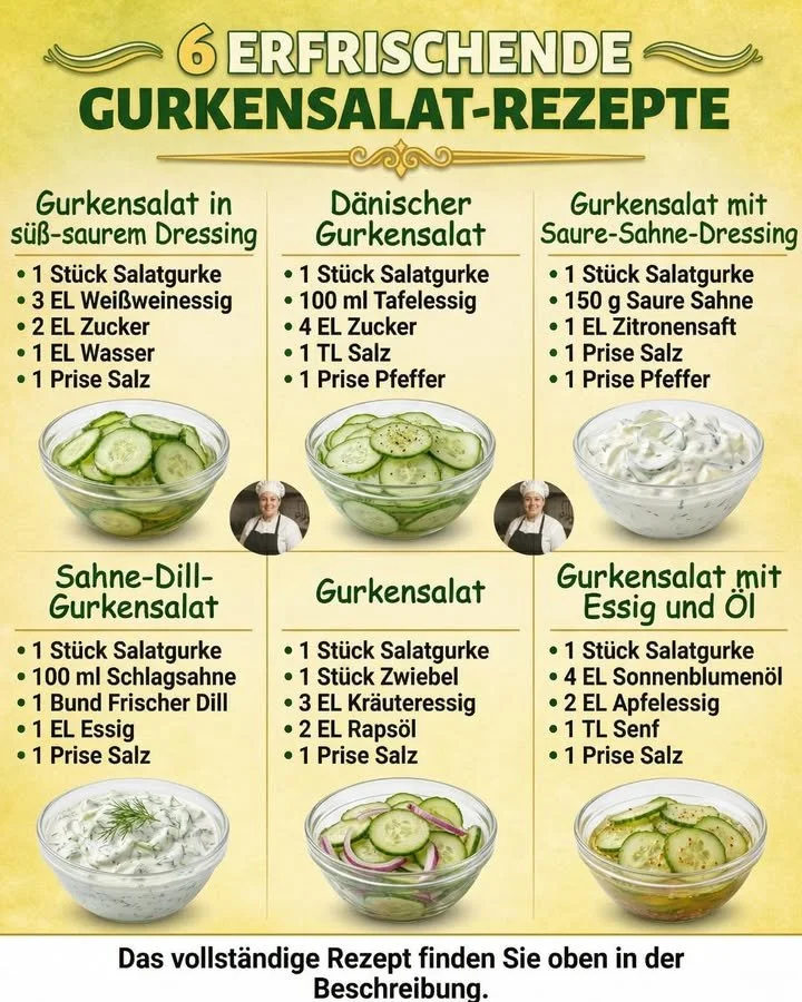 Bunte Gurkensalat-Rezepte auf einem Tisch angerichtet