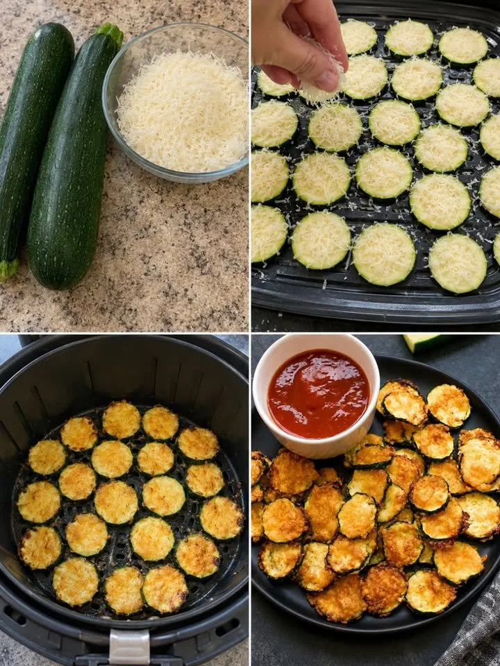 Knusprige Parmesan-Zucchini-Chips aus dem Airfryer mit nur 2 Zutaten.