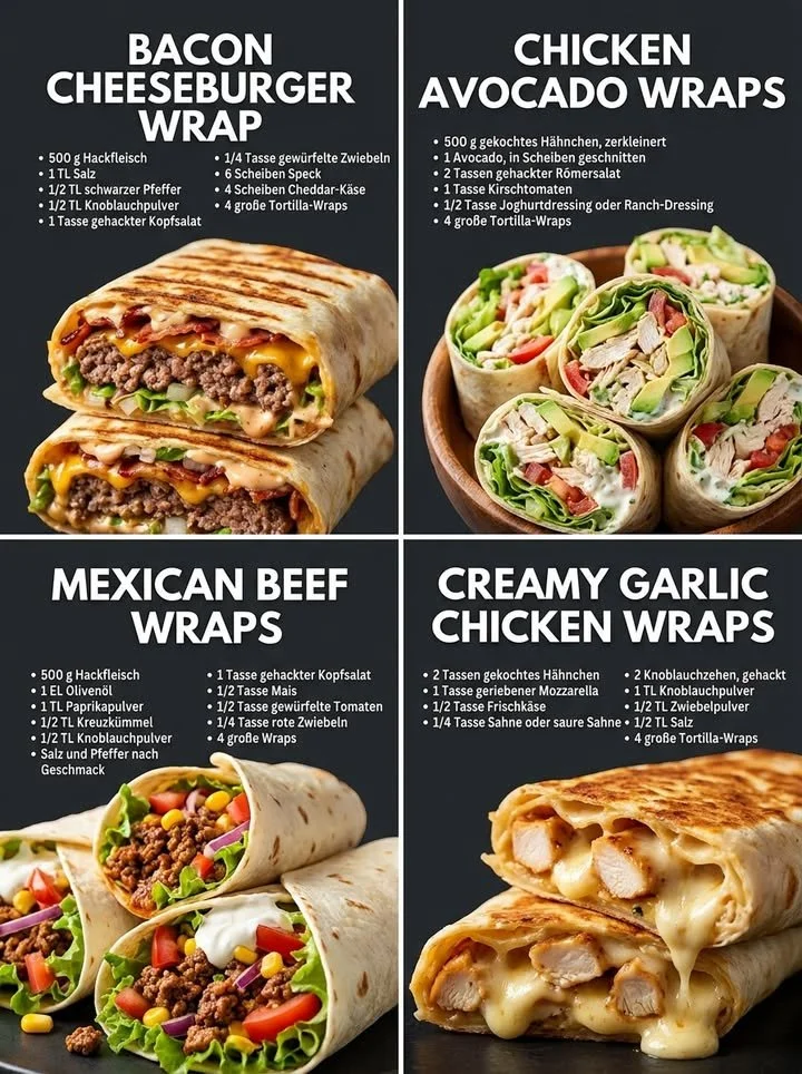 Bacon-Cheeseburger-Wrap mit frischem Salat und knusprigem Speck