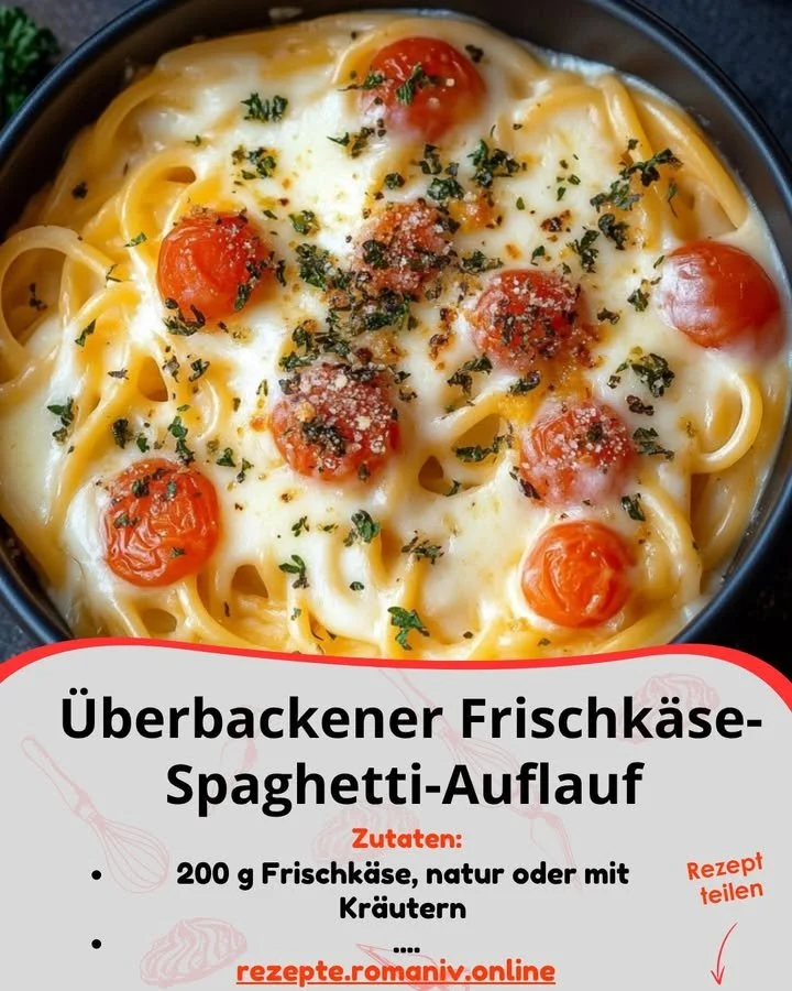 Baked Cream Cheese Spaghetti Casserole auf einem Teller serviert