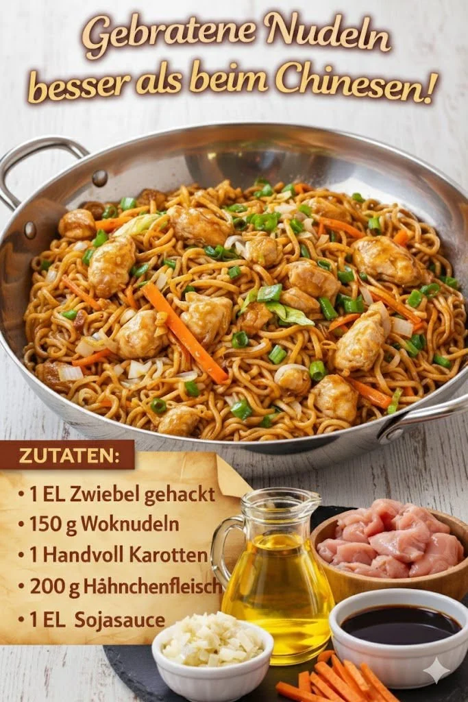 Gericht von gebratenen Nudeln mit Hühnchen auf einem Teller.