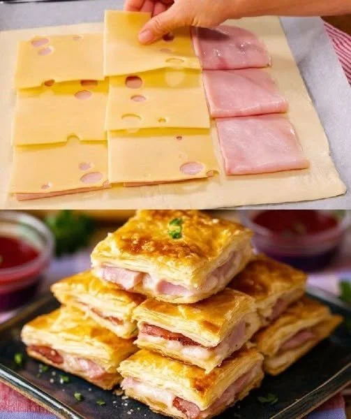 Leckere Blätterteigtaschen mit Schinken und Käse auf einem Teller