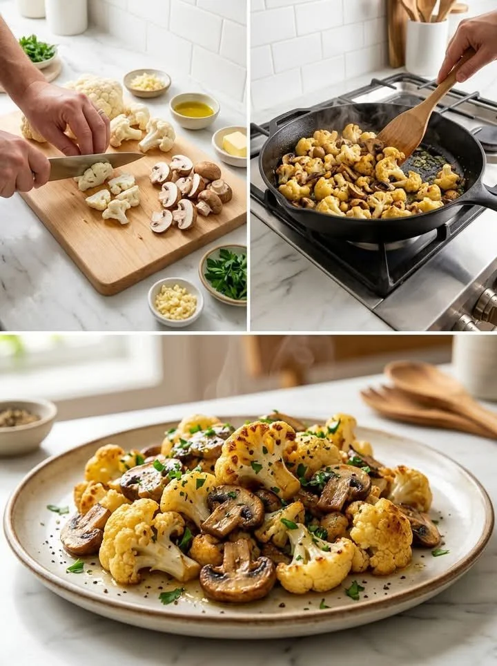 Gesunde Blumenkohl-Pilz-Pfanne mit Knoblauch auf einem Teller serviert