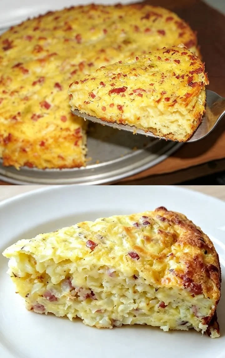 Bodenloser Zwiebelkuchen frisch aus dem Ofen, goldbraun und lecker.