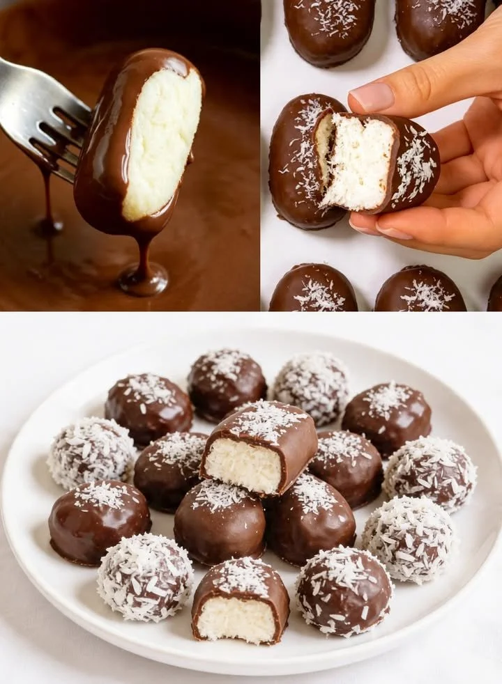 Leckere selbstgemachte Bounty-Pralinen mit Kokos und Schokolade