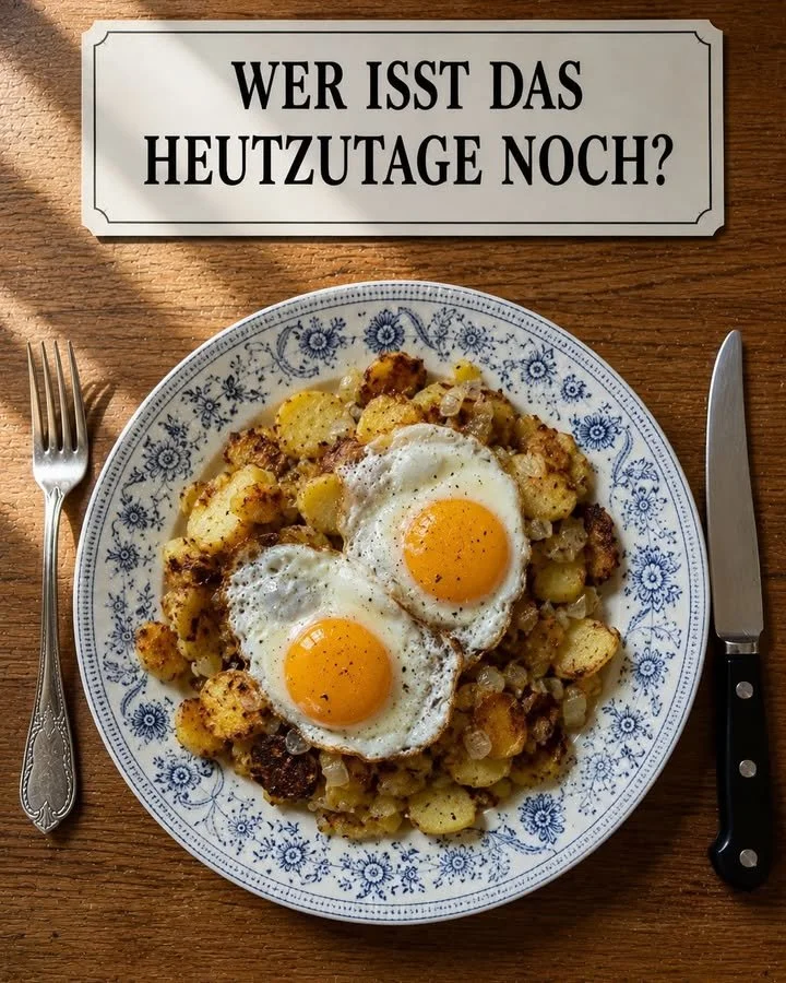 Gekochte Bratkartoffeln mit Ei serviert in einer Pfanne