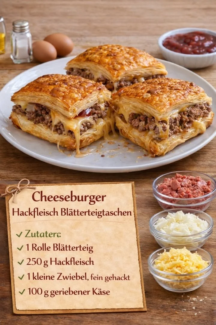 Köstliche Cheeseburger-Blätterteigtaschen frisch aus dem Ofen