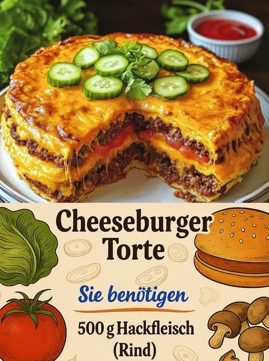 Köstliche Cheeseburger Torte auf einem Teller serviert, dekoriert mit frischem Gemüse.