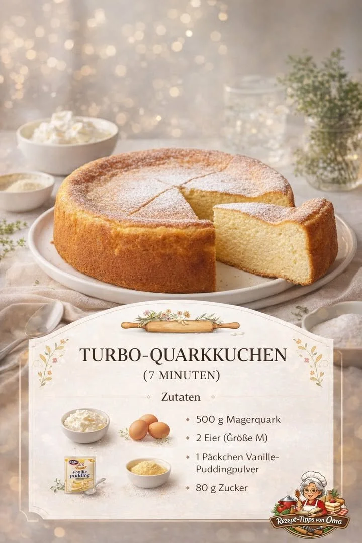 Cremiger Quarkkuchen mit Vanillepudding auf einem Dessertteller