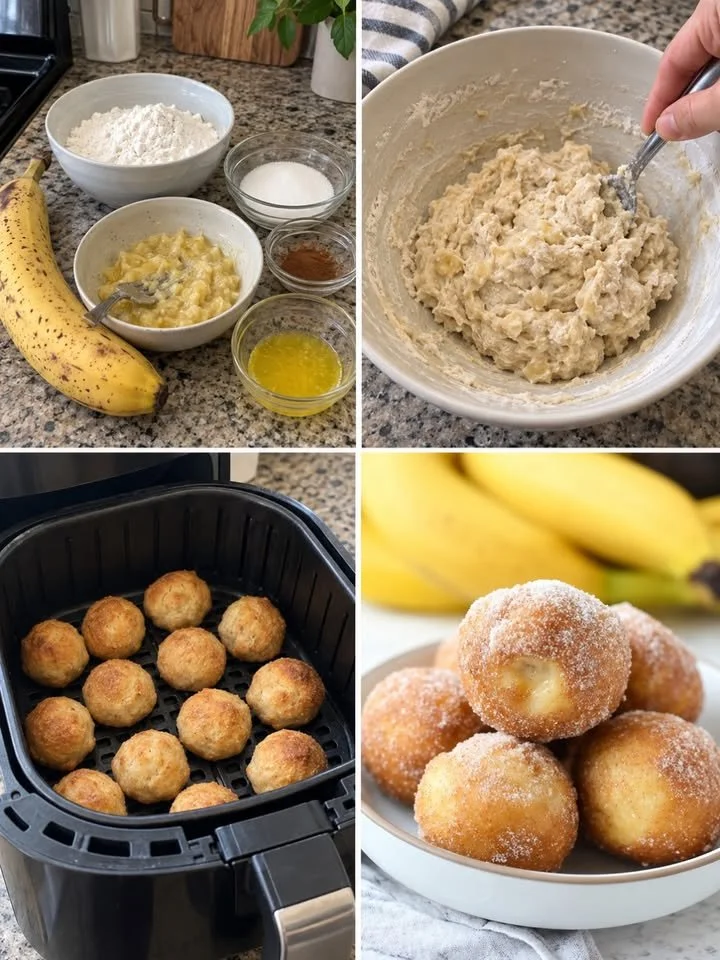 Zwei Zutaten Bananen-Doughnut-Löcher auf einem Teller, frisch zubereitet.