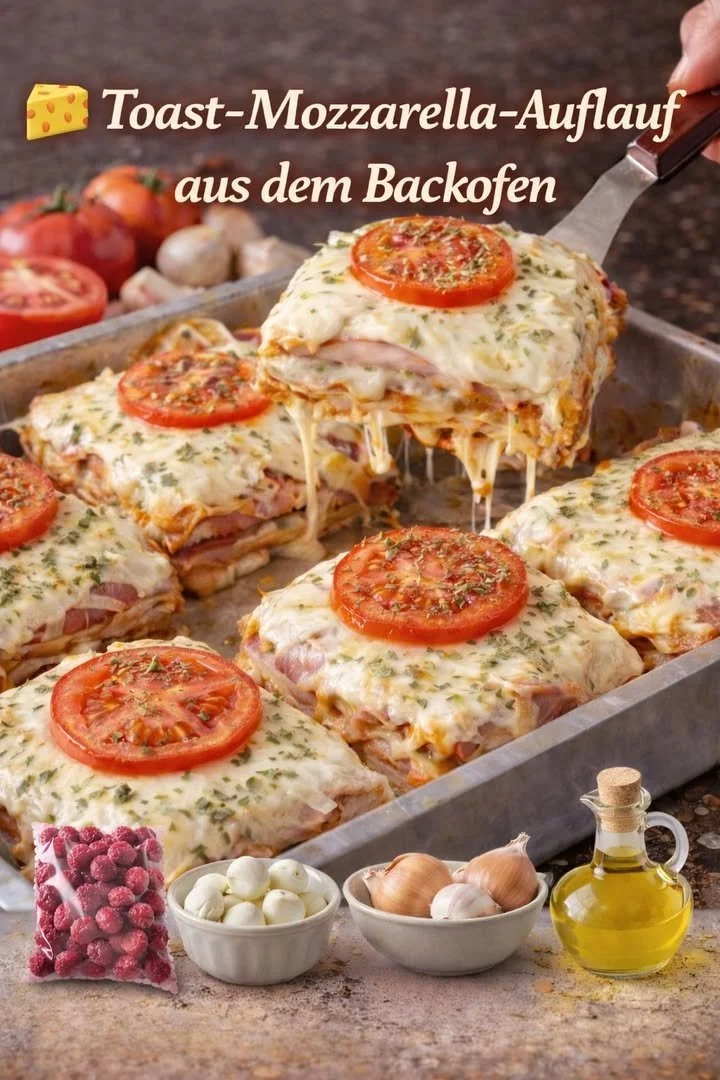 Einfacher Auflauf mit Toast, Mozzarella, Fleischtomaten und Schinken auf einem Teller
