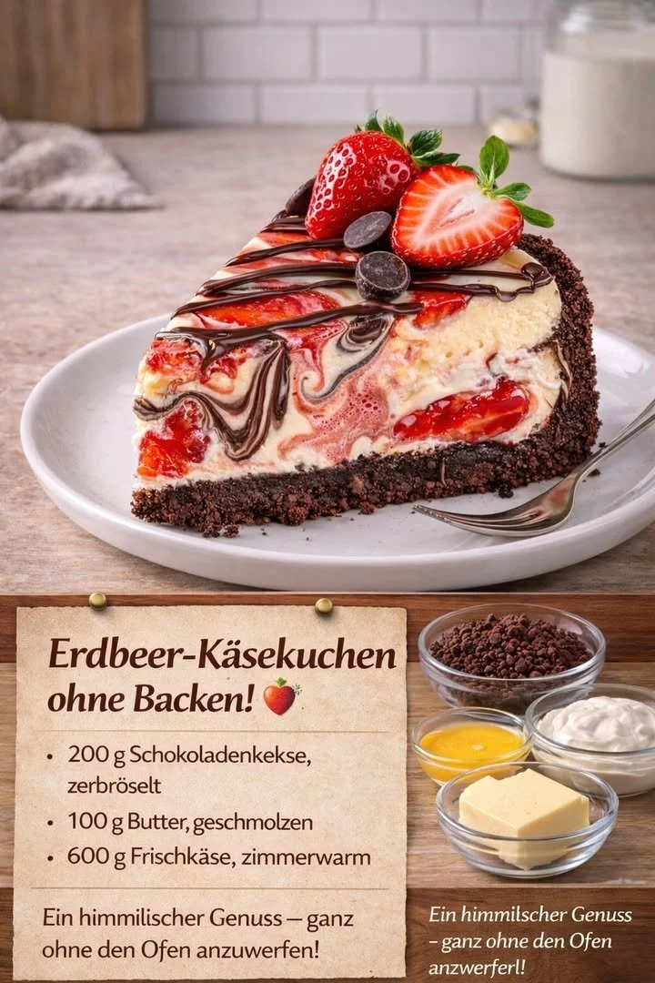 Erdbeer-Käsekuchen ohne Backen auf einem weißen Teller angerichtet.