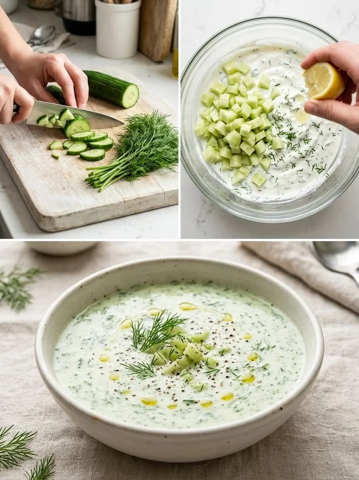 Erfrischende Gurkensuppe serviert in einer Schüssel mit frischen Kräutern.
