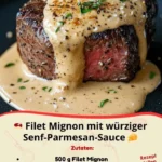 Saftiges Filet Mignon mit würziger Senf-Parmesan-Sauce auf einem Teller.
