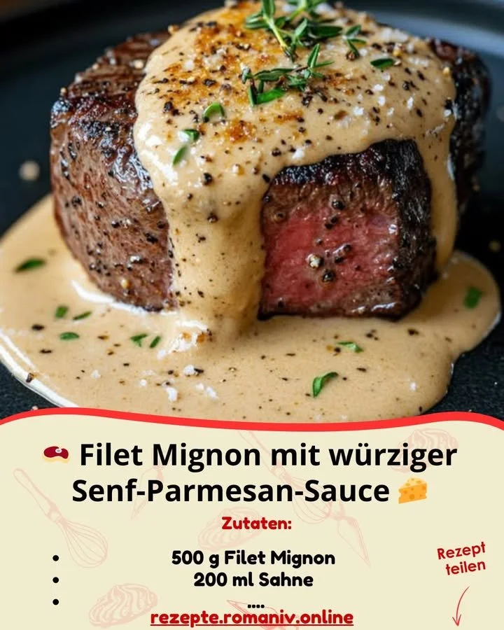 Saftiges Filet Mignon mit würziger Senf-Parmesan-Sauce auf einem Teller.