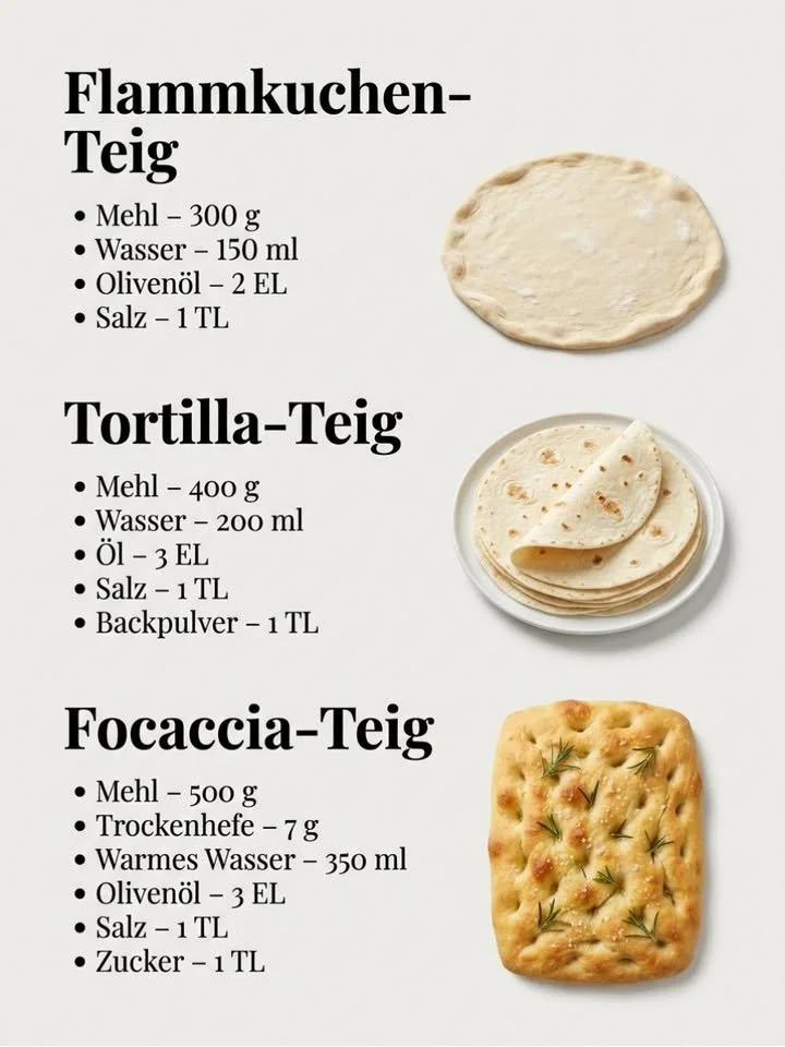 Verschiedene Teigrezepte: Flammkuchen, Tortilla und Focaccia zusammen auf einem Tisch.