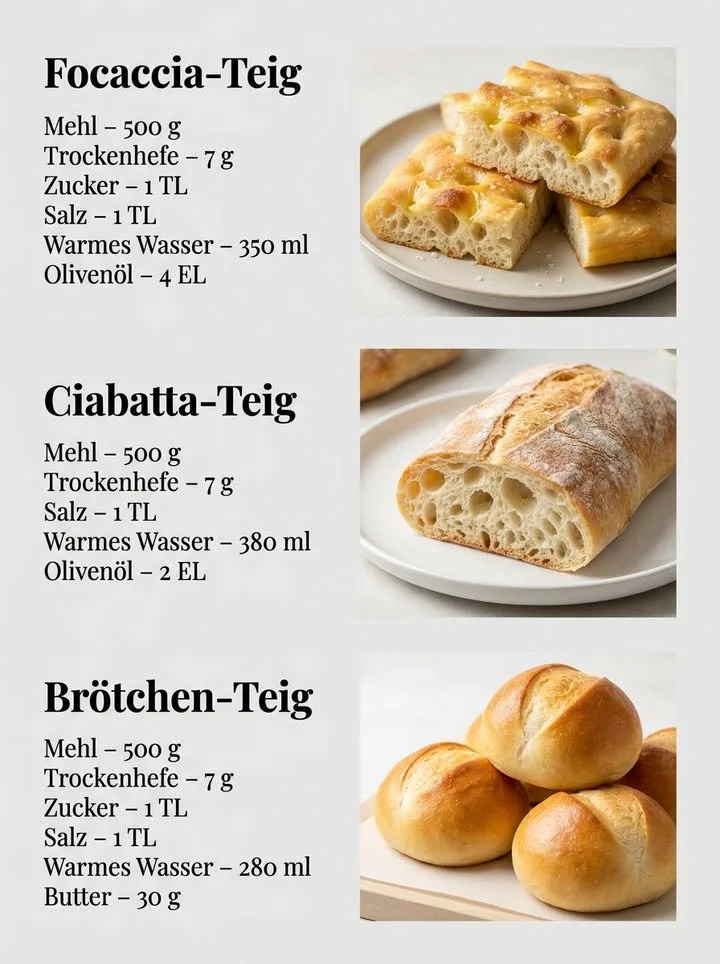 Focaccia-Teig, Ciabatta-Teig und Brötchen-Teig auf einem Holzbrett