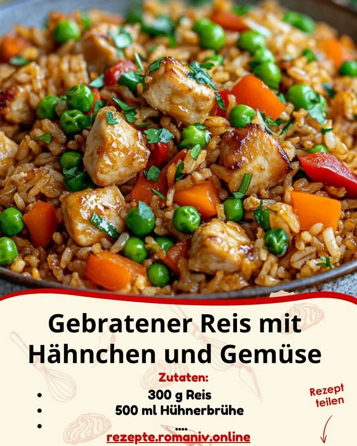 Leckeres gebratenes Reisgericht mit Hähnchen und Gemüse
