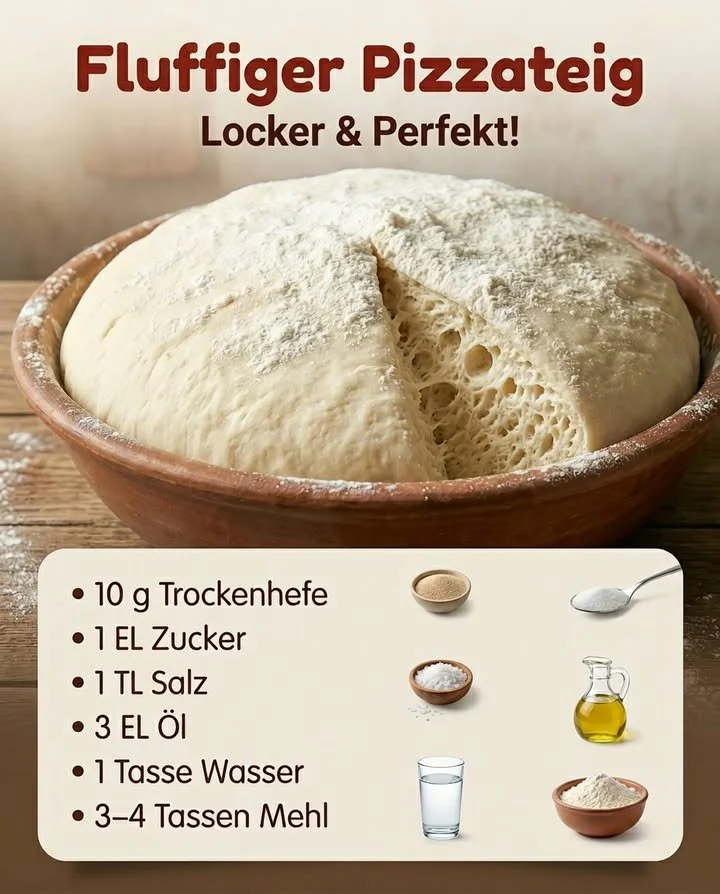 Frisch gebackener Pizzateig auf einer Holzplatte mit Zutaten