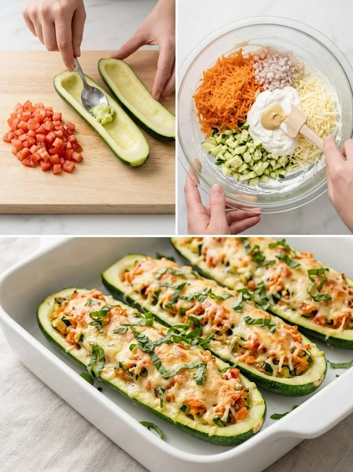 Gefüllte Zucchini-Schiffchen mit pikanter Käse-Gemüse-Kruste auf einem Teller