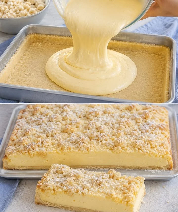 Schneller Pudding Streuselkuchen vom Blech mit Streuseln und Puddingfüllung