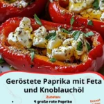 Geröstete Paprika mit Feta und Knoblauchöl auf einem Teller serviert