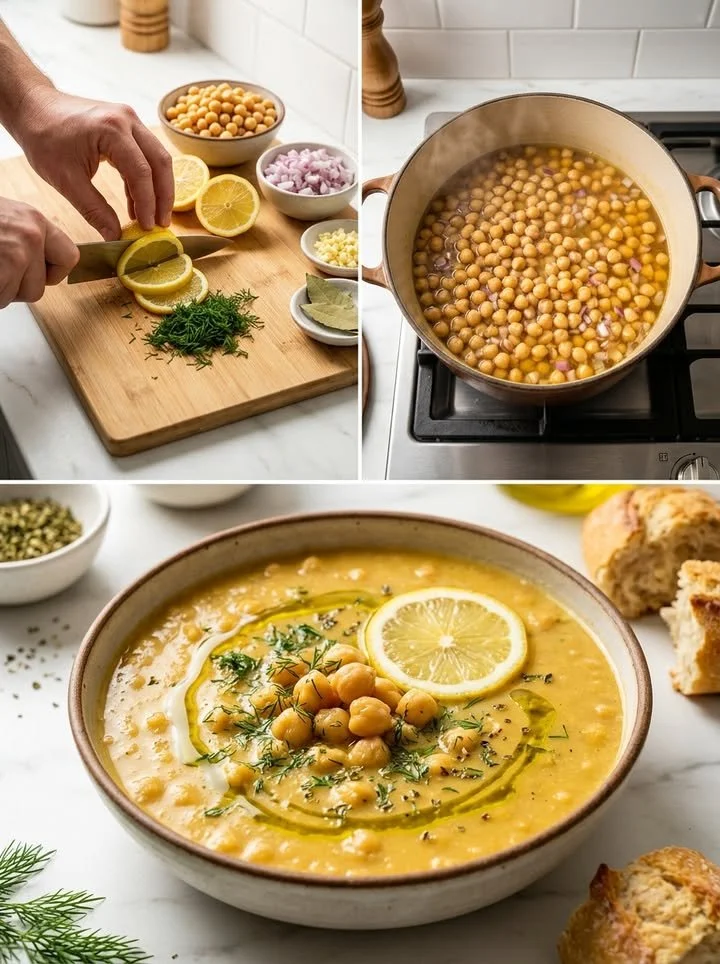Griechische Zitronen-Kichererbsen-Suppe mit frischen Kräutern und Zitrone
