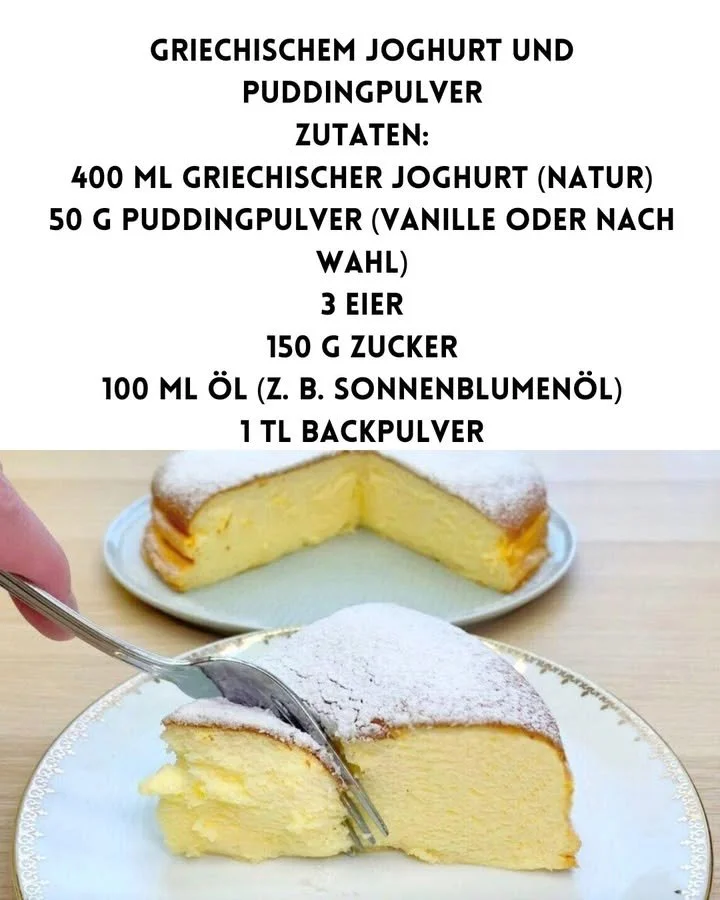 Saftiger Griechischer Joghurt Kuchen mit Puddingpulver auf einem Teller