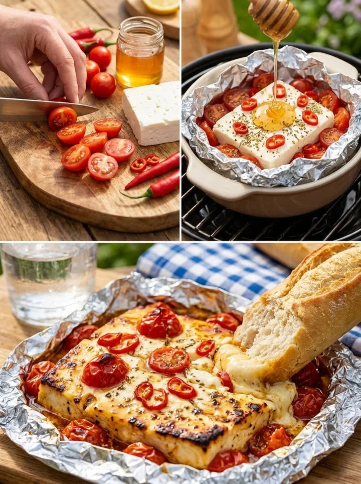 Gegrilltes Feta mit Honig, Chili und Tomaten auf einem Teller