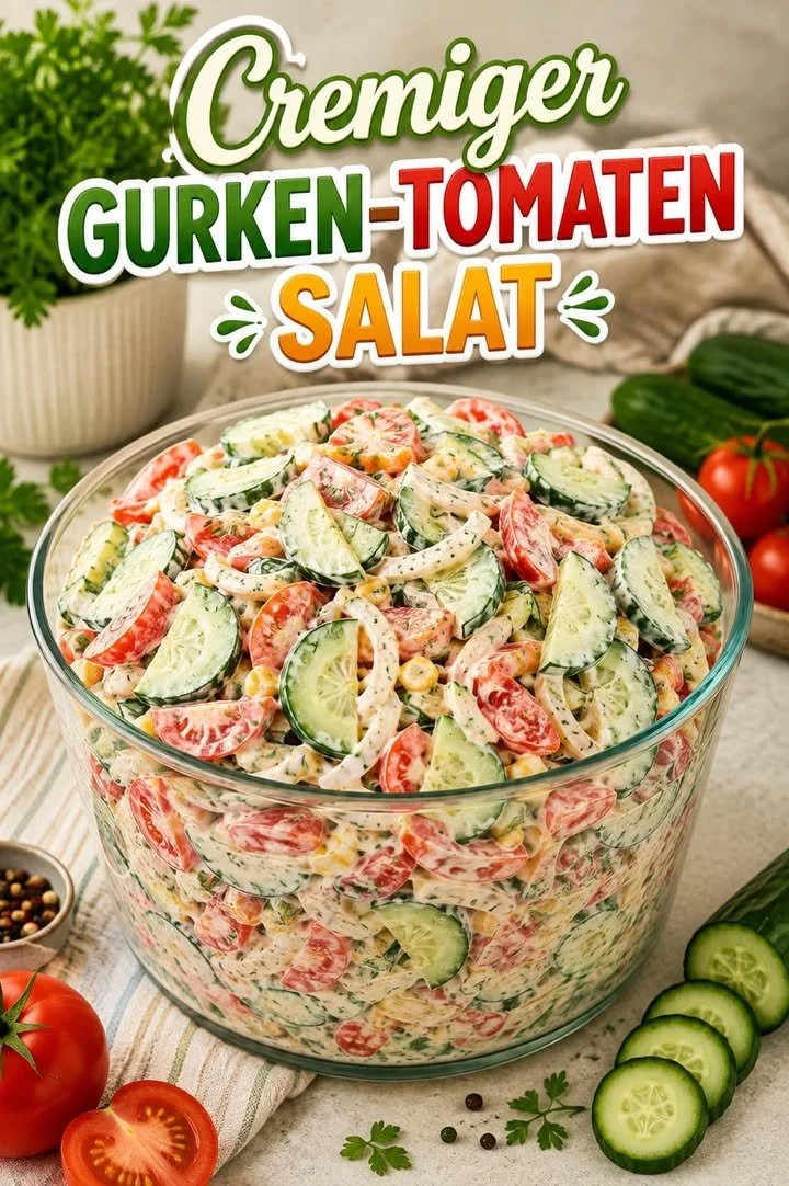 Leckerer Gurken-Tomaten-Salat mit frischen Zutaten auf einem Teller