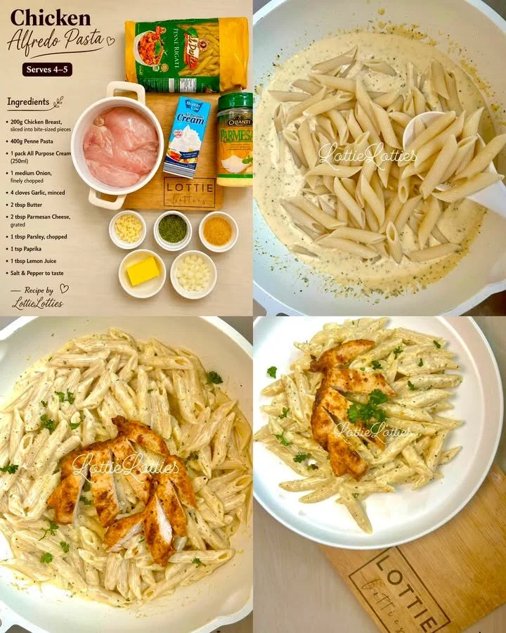 Hähnchen Alfredo Pasta mit frischer Alfredo-Sauce und Kräutern serviert