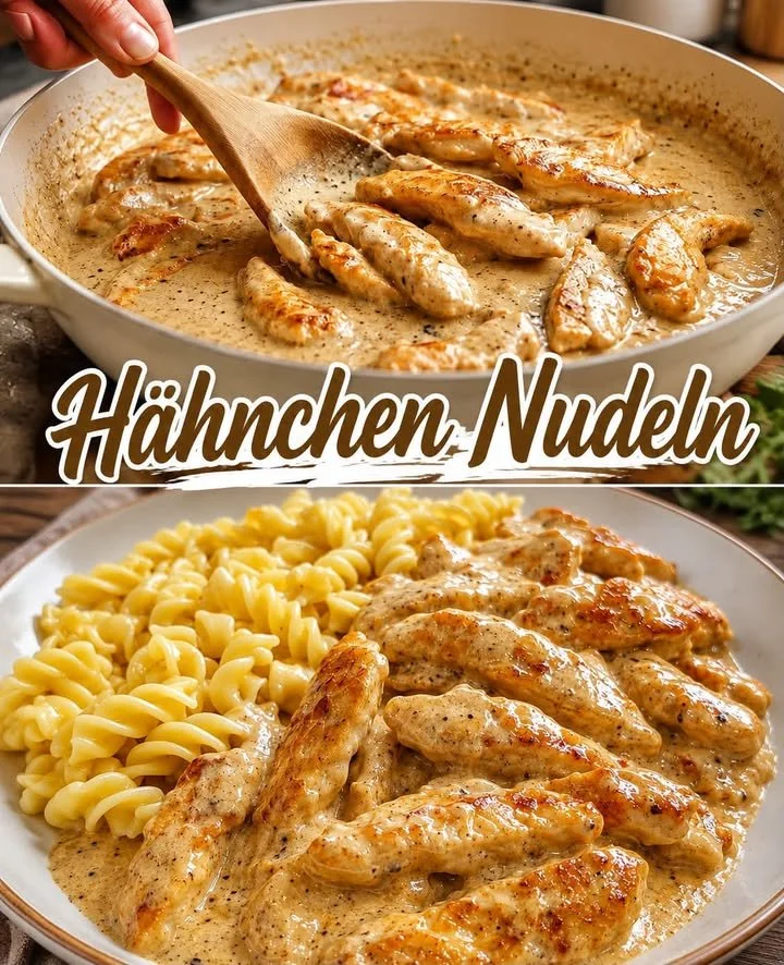 Hähnchen in cremiger Soße serviert auf einem Teller