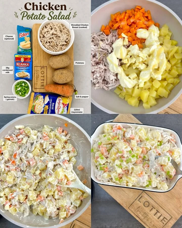 Leckerer Hähnchen-Kartoffelsalat in einer Schüssel, dekoriert mit frischen Kräutern.