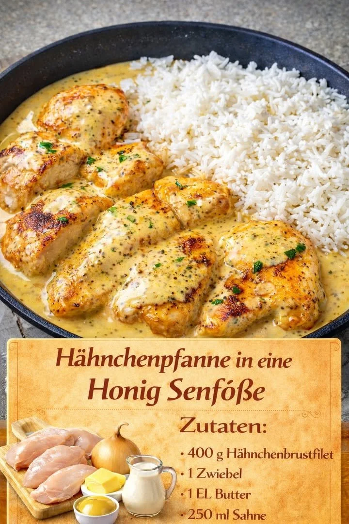 Hähnchenpfanne mit Honig-Senfsoße auf einem Teller serviert