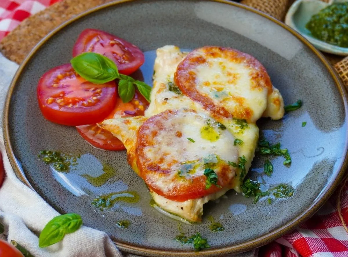 Hähnchenschnitzel Tomate-Mozzarella aus der Heißluftfritteuse mit frischen Zutaten.