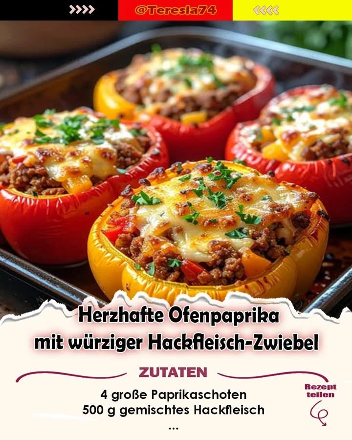 Herzhafte Ofenpaprika mit Hackfleisch und Zwiebel gefüllt im Ofen gebacken.