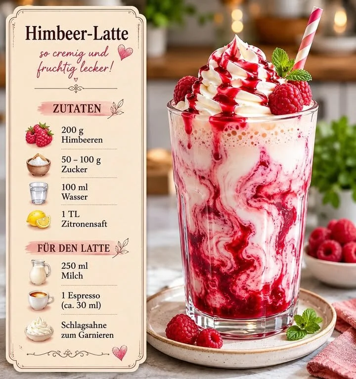 Cremiger und fruchtiger Himbeer-Latte in einem modernen Kaffeebecher