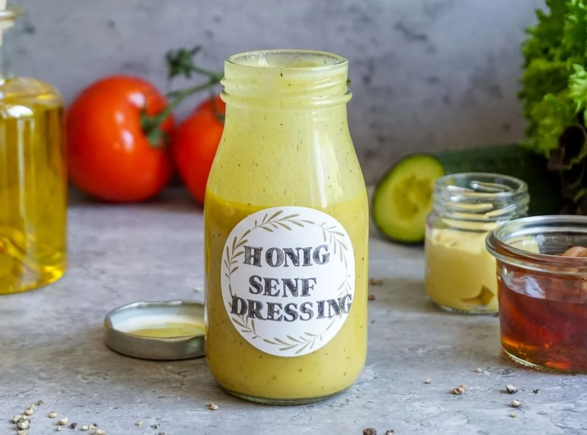 Cremiges Honig-Senf-Dressing in einer Schüssel, perfekt für Salate
