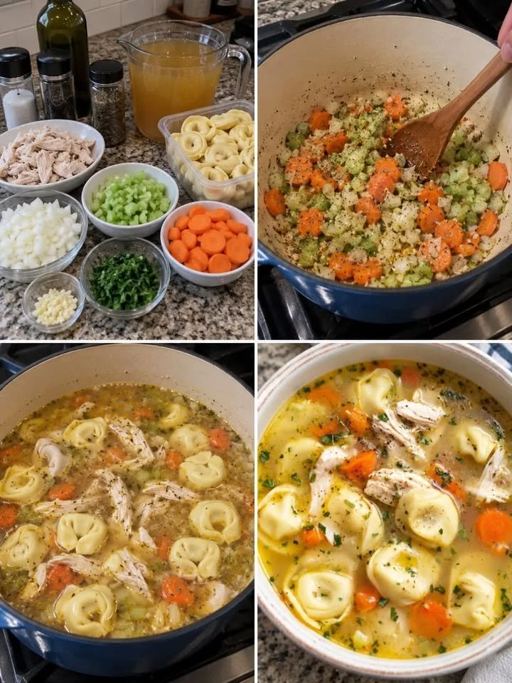 Hühnchen Tortellini Suppe in einer Schüssel mit frischen Kräutern