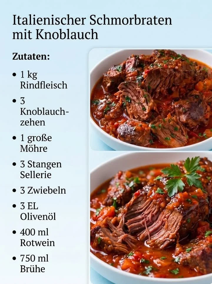 Italienischer Schmorfbraten in einer würzigen Tomaten-Rotwein-Sauce serviert.