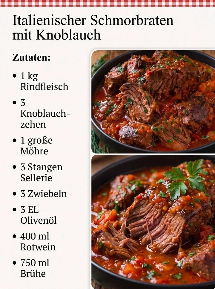 Italienischer Schmorkbraten in aromatischer Tomaten-Rotwein-Sauce serviert