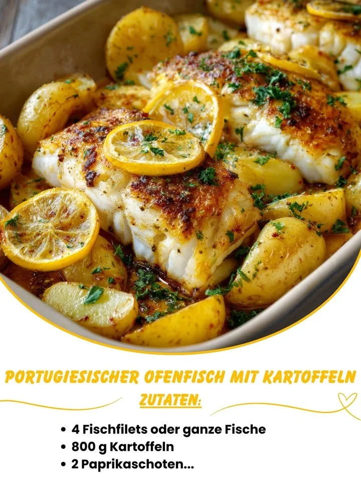 Saftiger portugiesischer Ofenfisch mit Kartoffeln frisch aus dem Ofen.