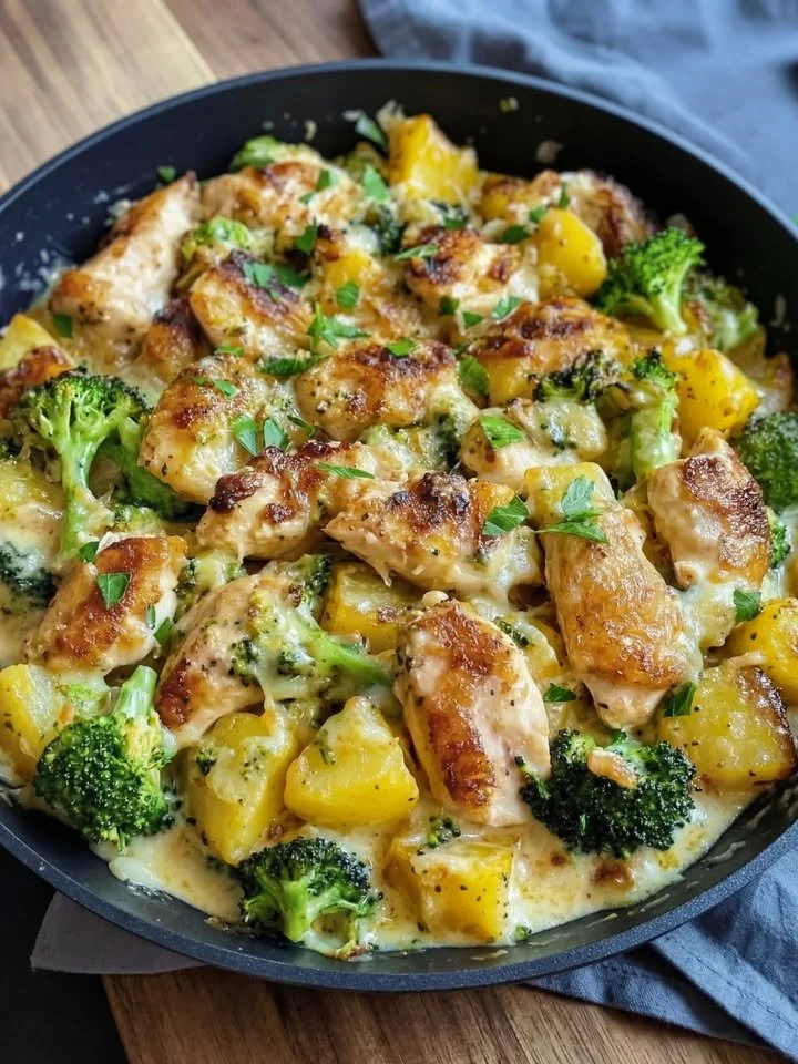 Kartoffel-Hähnchen-Pfanne mit Brokkoli und Schmand-Käse-Sauce auf einem Teller