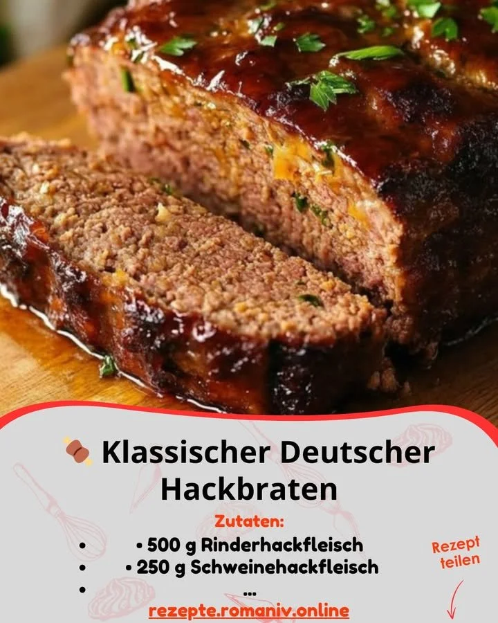 Klassischer deutscher Hackbraten auf einem weißen Teller serviert.