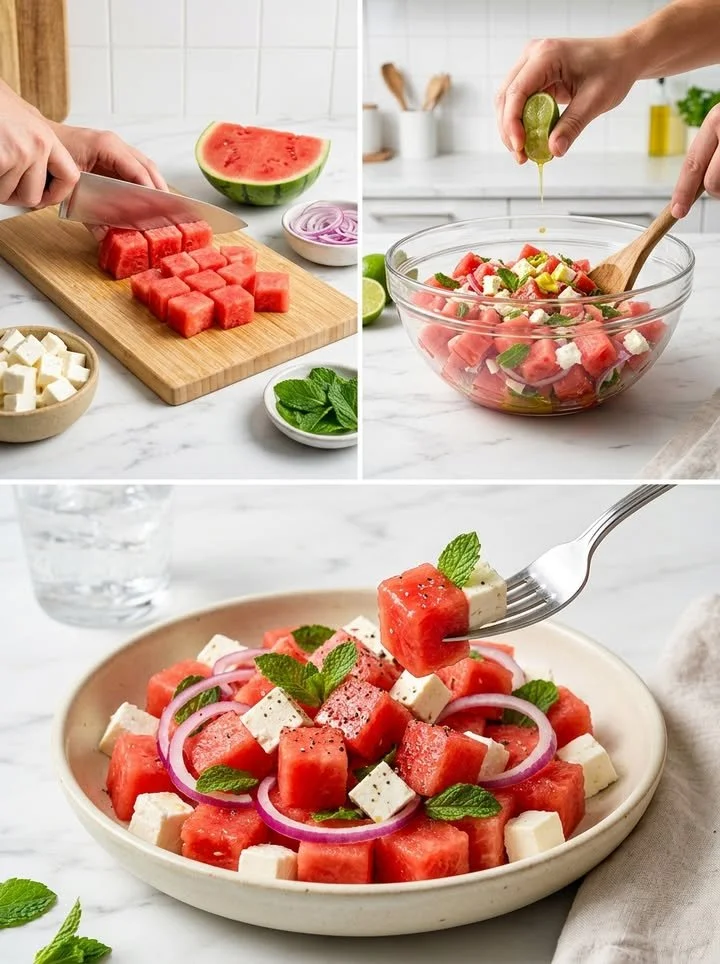 Knackiger Wassermelonen-Feta-Salat mit Minze in einer farbenfrohen Schüssel